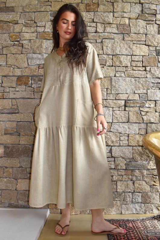 Rustic Nature Linen Blend Smock T Shirt Dress Washed Cedar